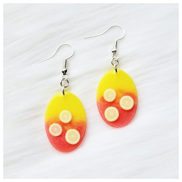 Strawberry Lemonade Earrings Yellow and Pinkish Red Oval Lemon Dangle Earrings - Picture 10 of 10